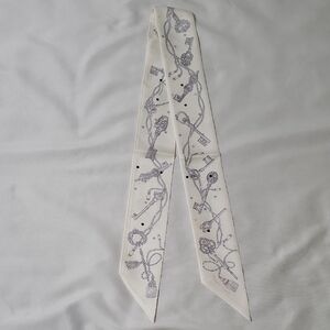 Hermes White Silk Twilly with Lavender and Gray Key & Tassel Motif